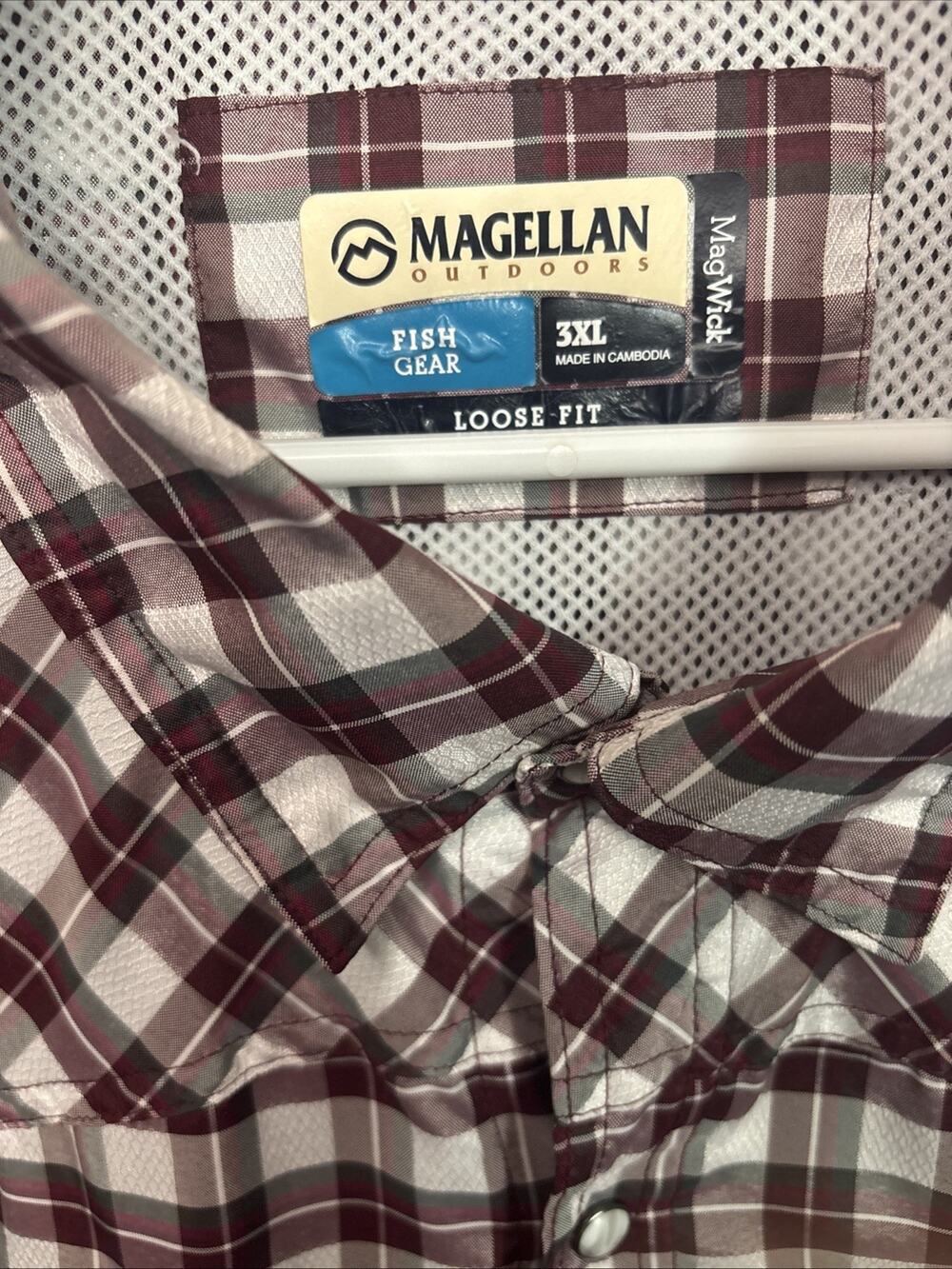 Magellan 3XL Burgundy CLassic Plaid Shirt Long Roll-tab Slv Pearl Snap Pockets